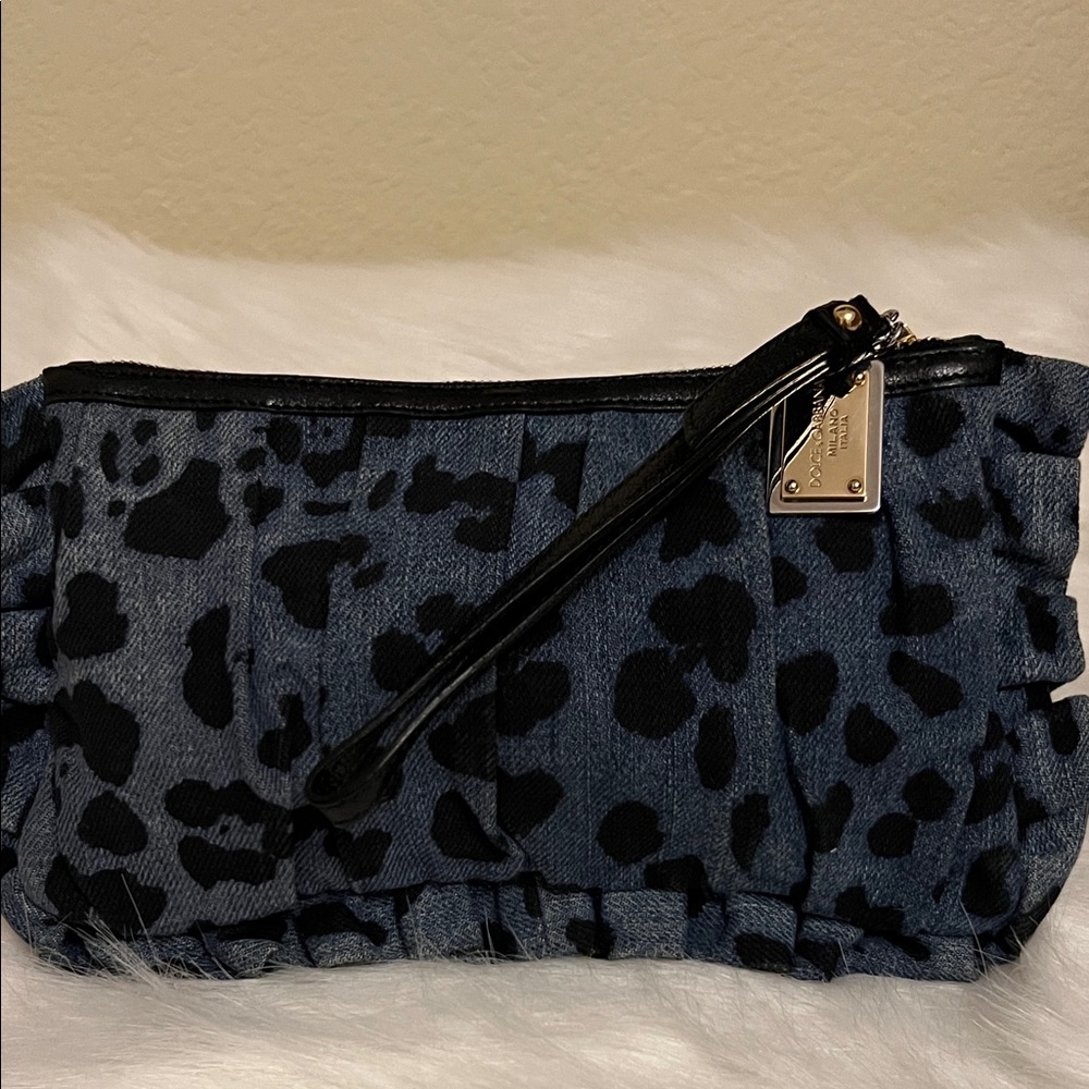 Dolce Gabbana Wristlet Clutch in Denim Blue Leopard Print